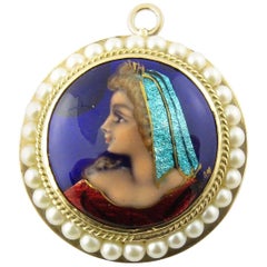 Vintage 14 Karat Yellow Gold and Seed Pearl Painted Cameo Pendant / Brooch #4384