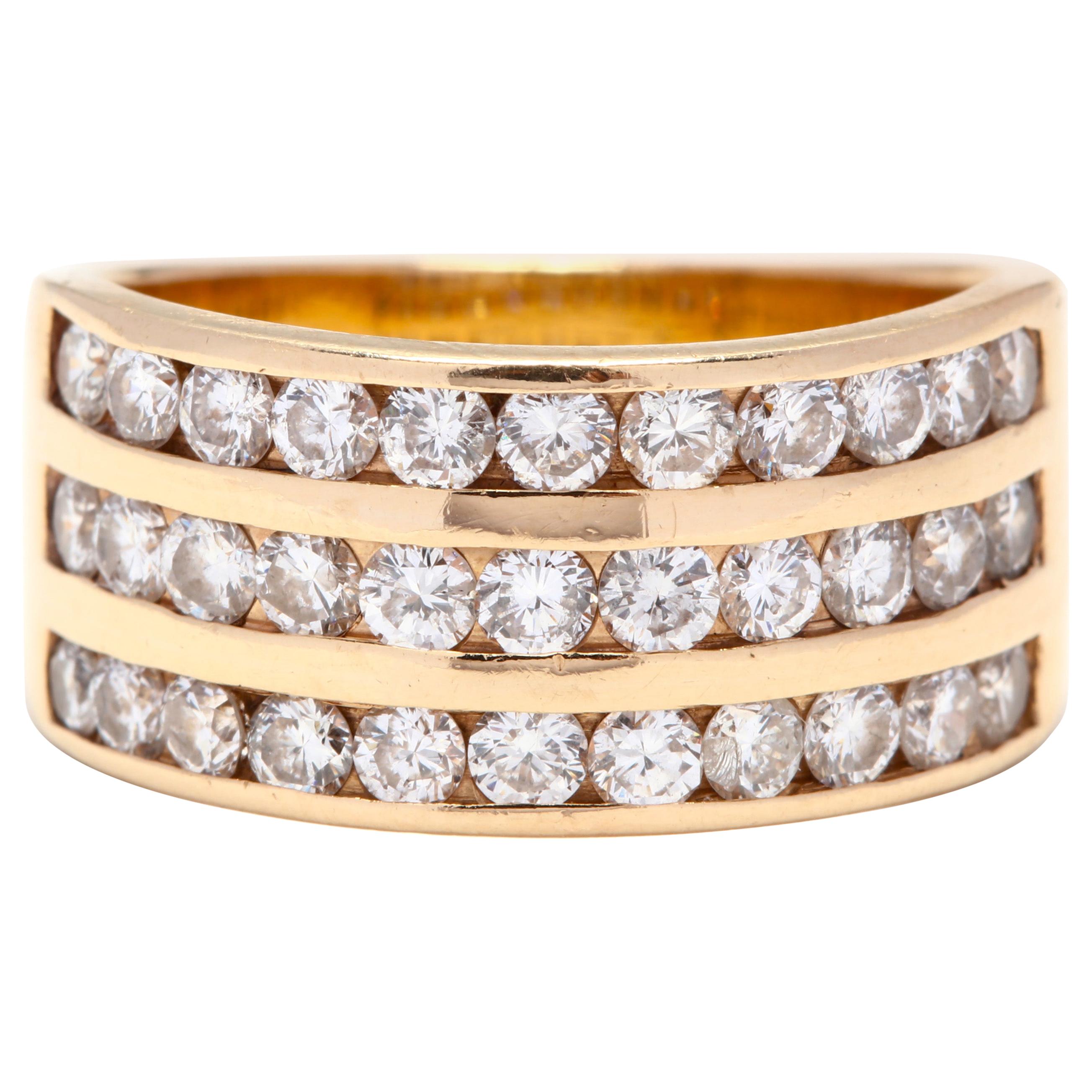 Vintage 14 Karat Yellow Gold and Three-Row Diamond Ring