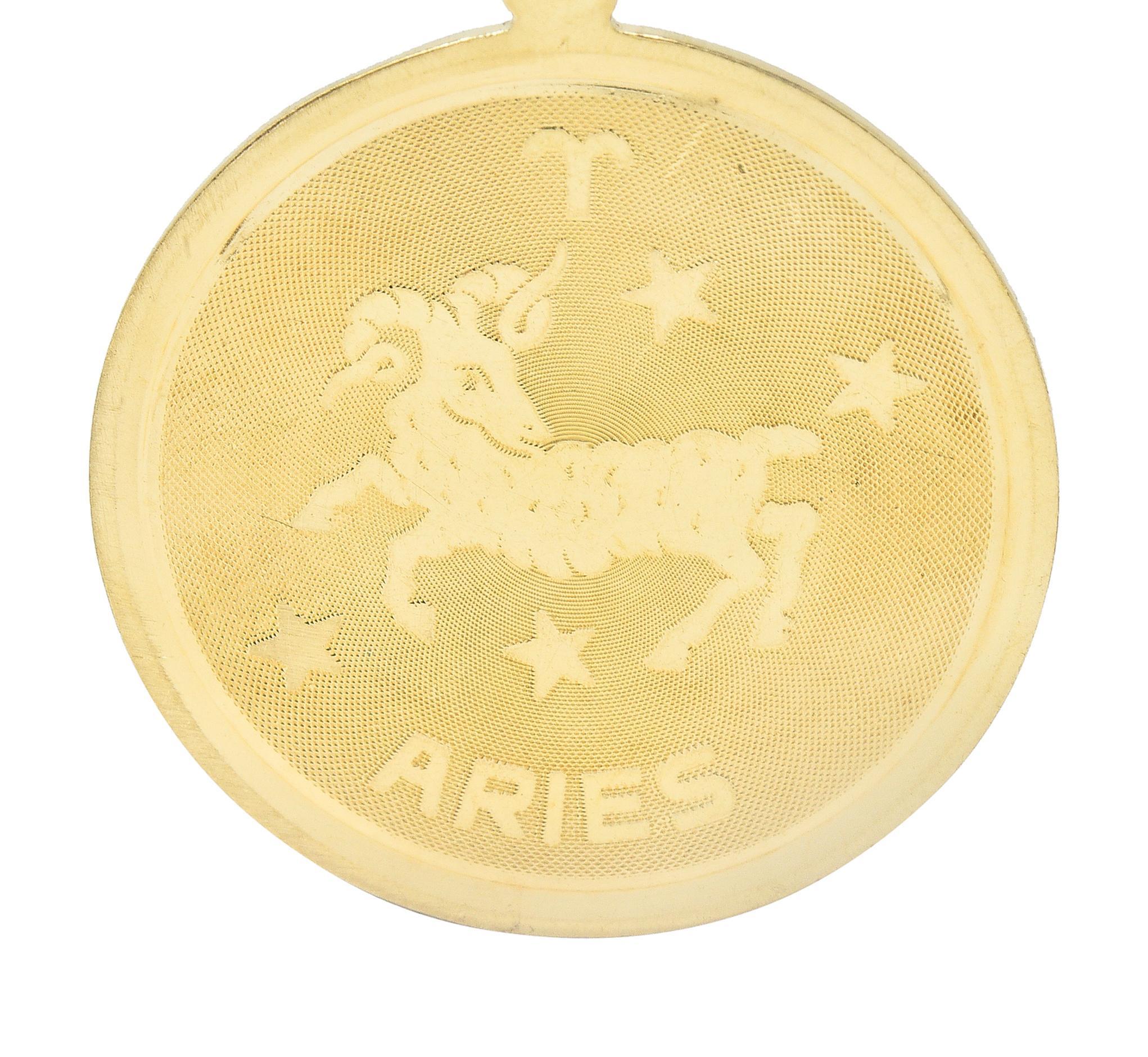 Vintage 14 Karat Yellow Gold Aries Zodiac Medallion Pendant Charm In Excellent Condition For Sale In Philadelphia, PA
