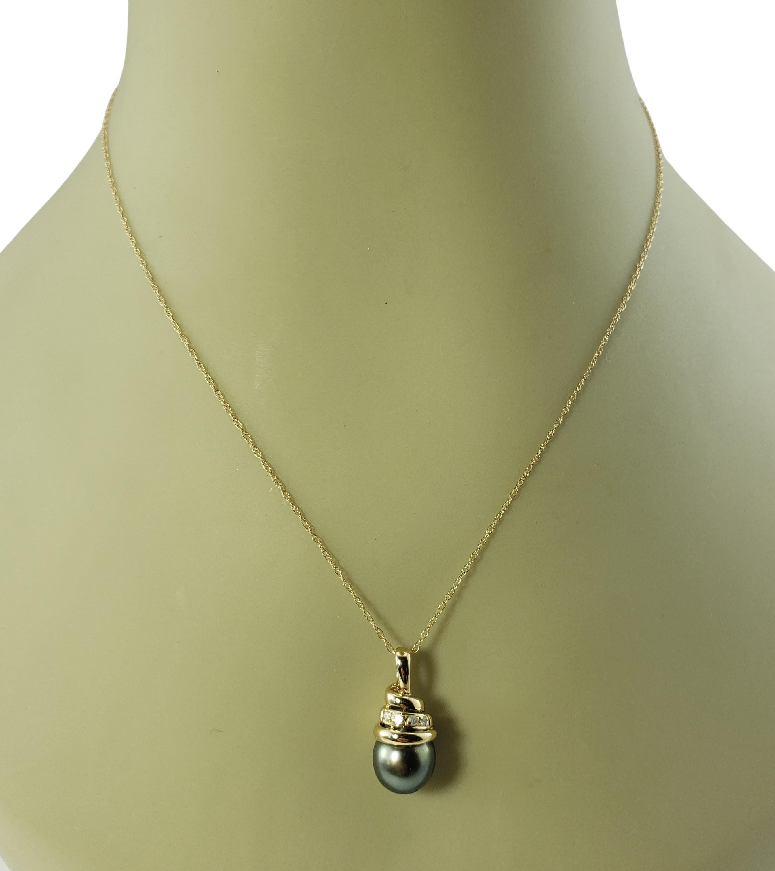 14 Karat Yellow Gold Black Pearl and Diamond Pendant Necklace 1