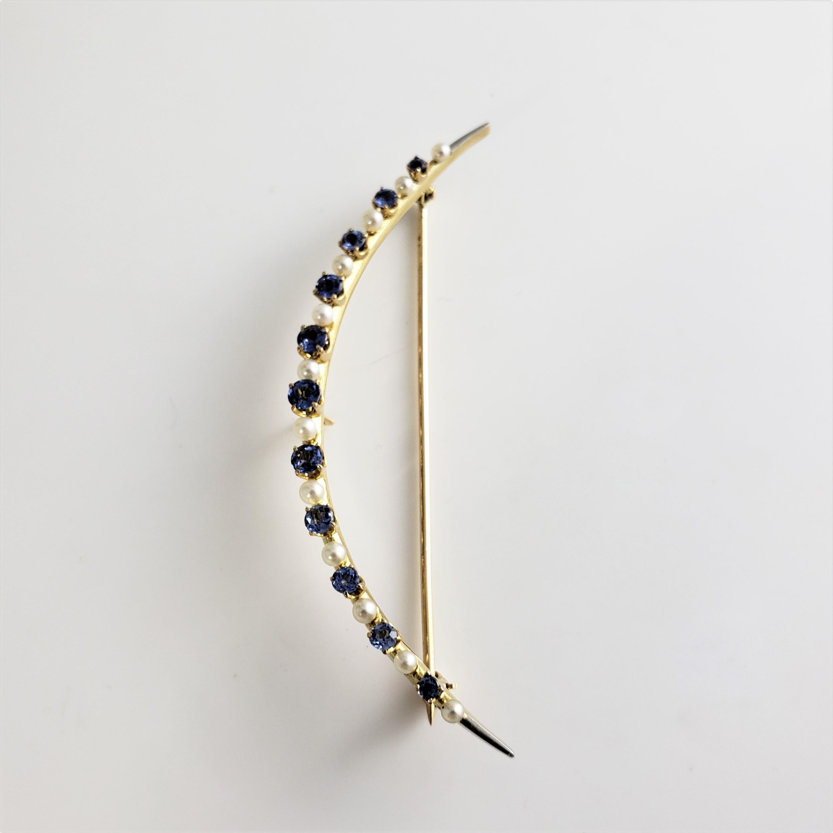Round Cut 14 Karat Yellow Gold Blue Zircon and Pearl Crescent Moon Brooch/Pin For Sale