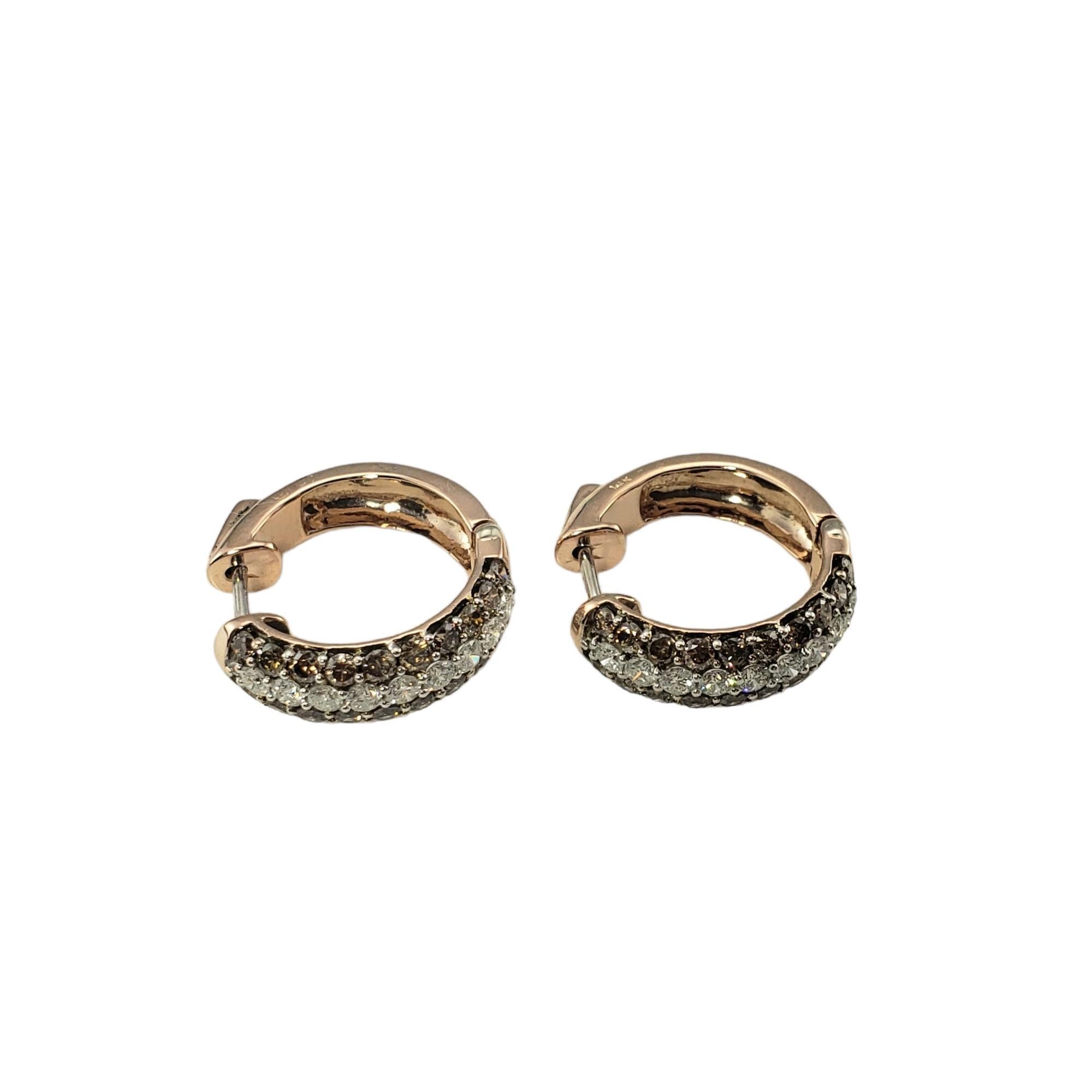Round Cut Vintage 14 Karat Yellow Gold Brown and White Diamond Hoop Earrings #15308 For Sale