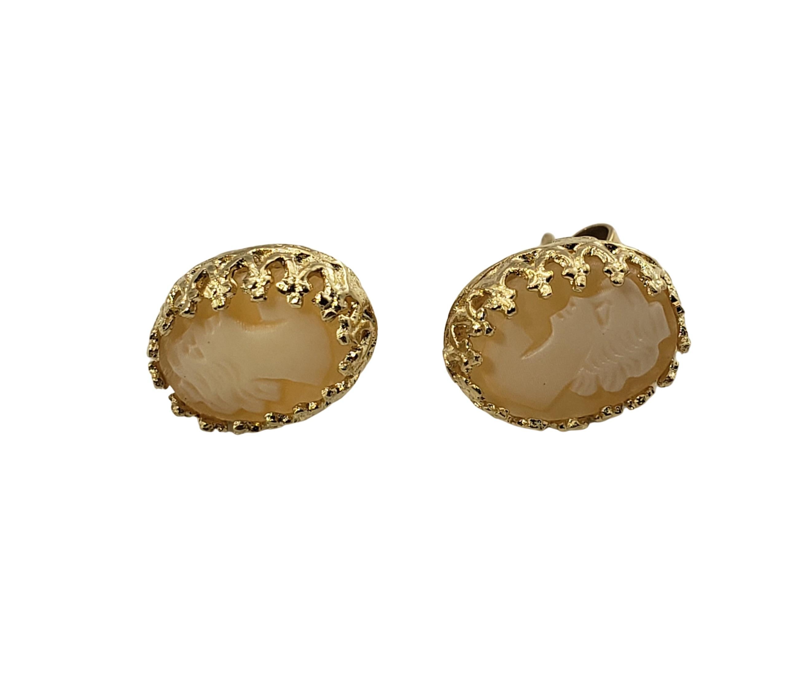 14 Karat Yellow Gold Cameo Earrings-

These elegant cameo earrings each features a lovely lady in profile set in beautifully detailed 14K yellow gold.

Size: 11 mm x 9 mm

Weight:  1.8 dwt. /  2.9 gr.

Tested for 14K gold.

Very good condition,