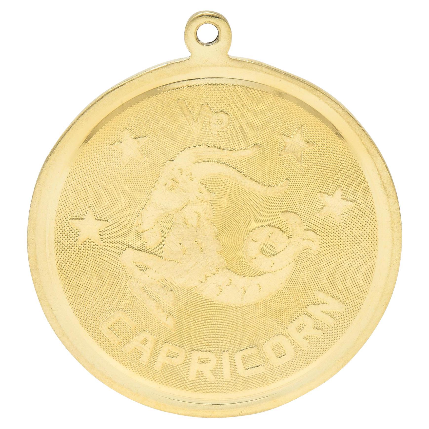 Pendentif en or jaune 14 carats Capricorne Zodiac Médaillon breloque vintage