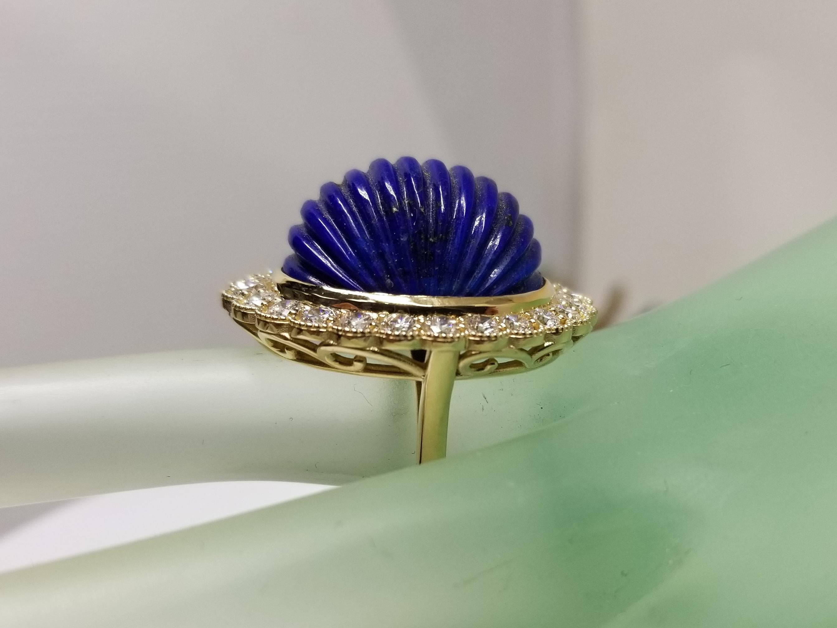 Vintage 14 Karat Yellow Gold Carved Lapis Lazuli and Diamond Ring For Sale 4