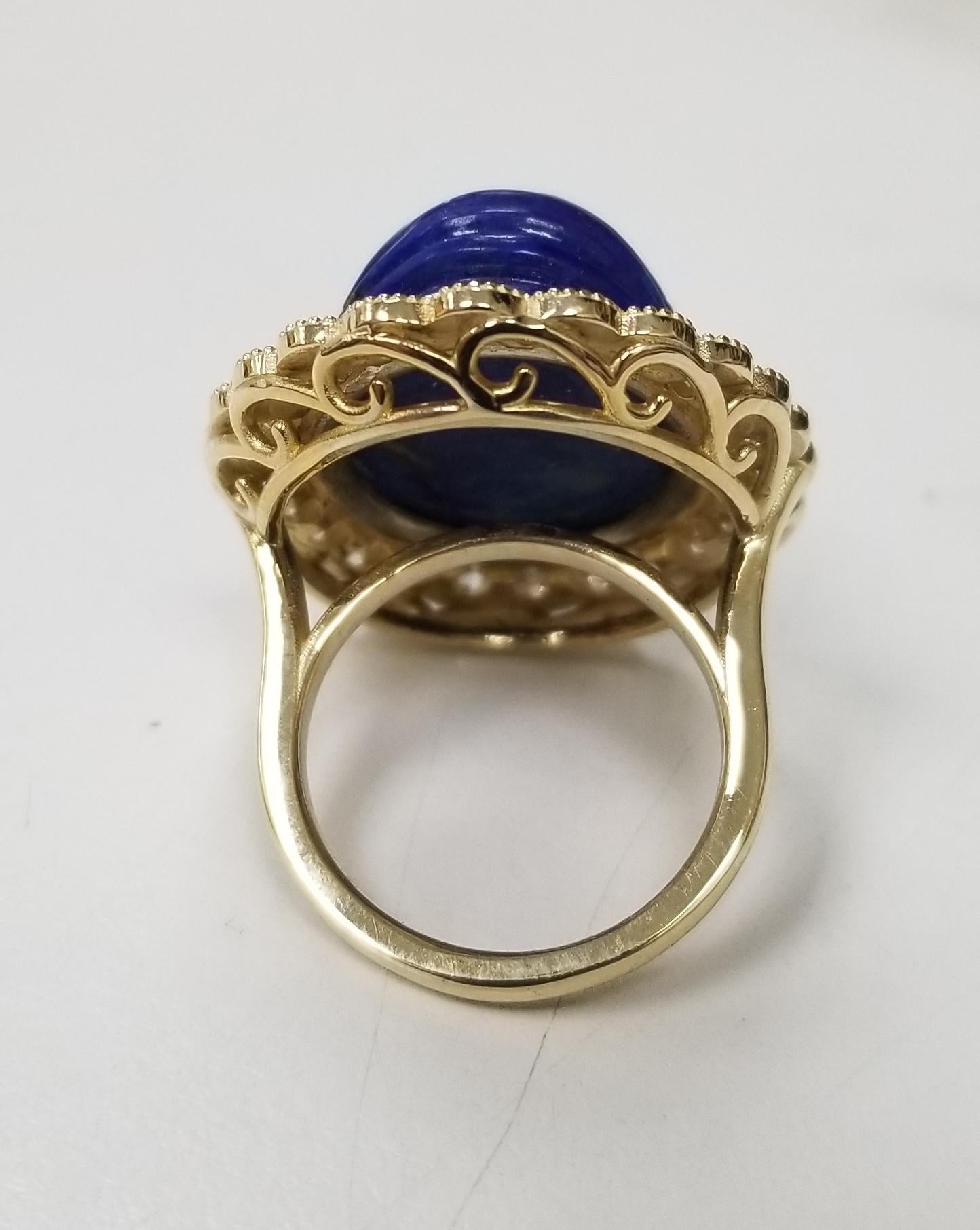 Retro Vintage 14 Karat Yellow Gold Carved Lapis Lazuli and Diamond Ring For Sale