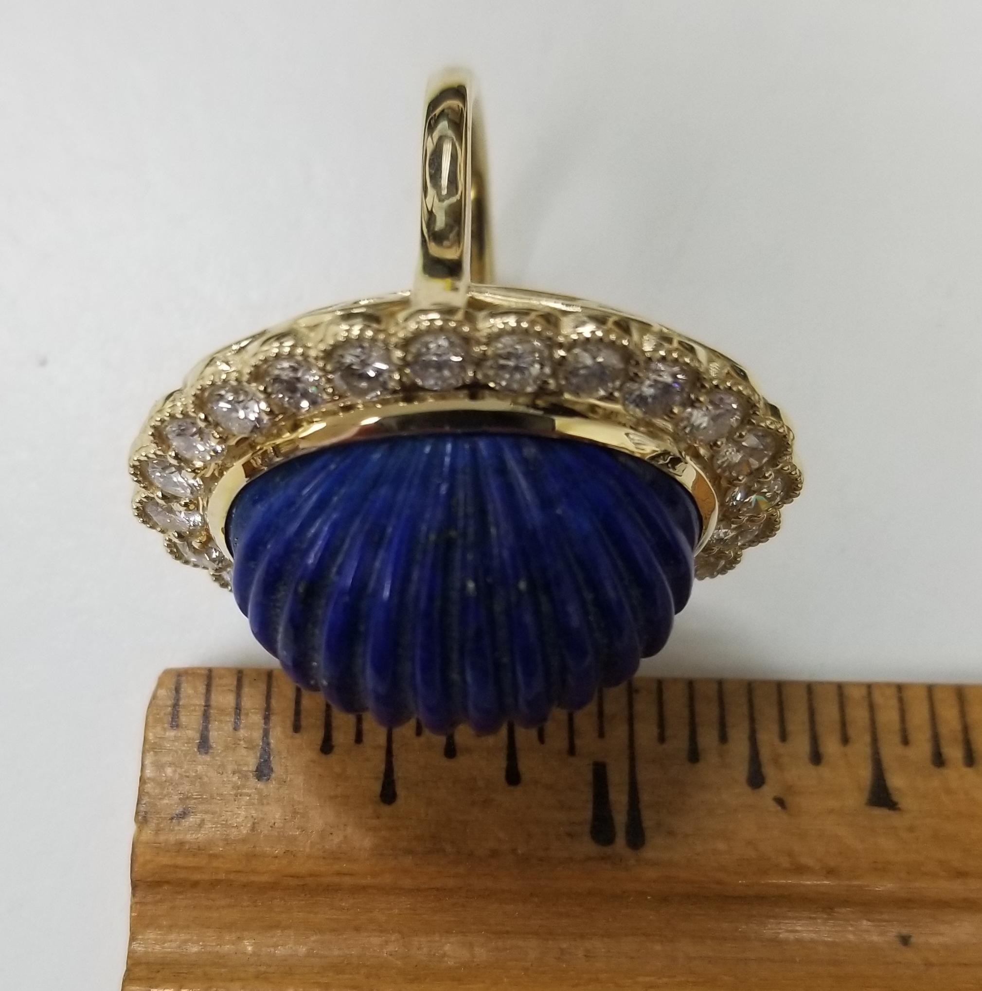 Women's or Men's Vintage 14 Karat Yellow Gold Carved Lapis Lazuli and Diamond Ring For Sale