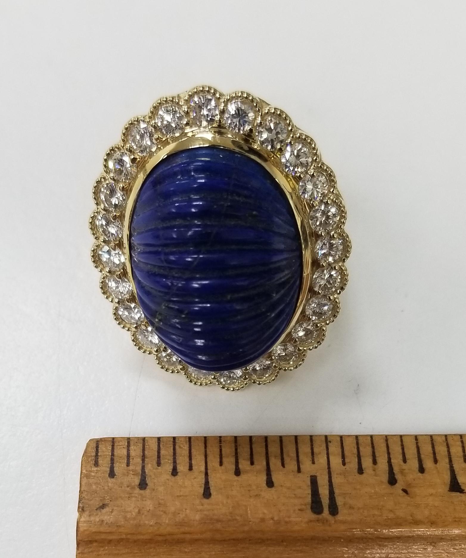 Vintage 14 Karat Yellow Gold Carved Lapis Lazuli and Diamond Ring For Sale 1