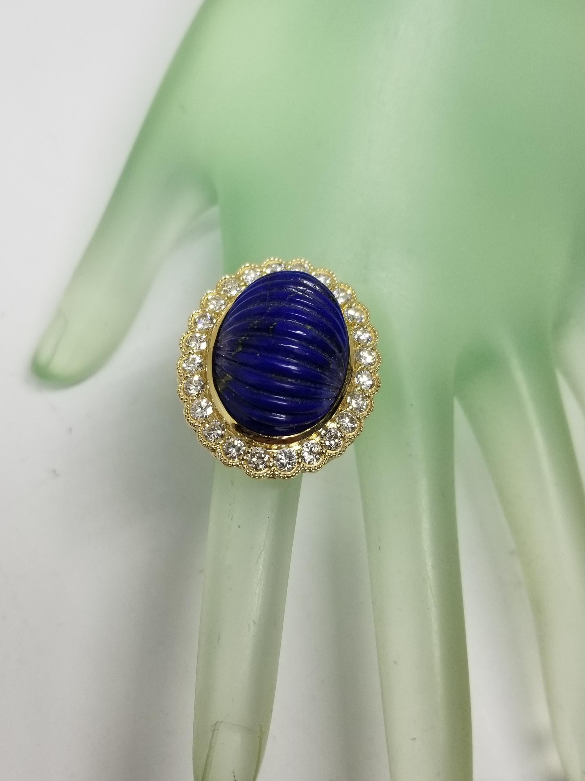 Vintage 14 Karat Yellow Gold Carved Lapis Lazuli and Diamond Ring For Sale 2