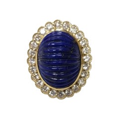 Vintage 14 Karat Yellow Gold Carved Lapis Lazuli and Diamond Ring