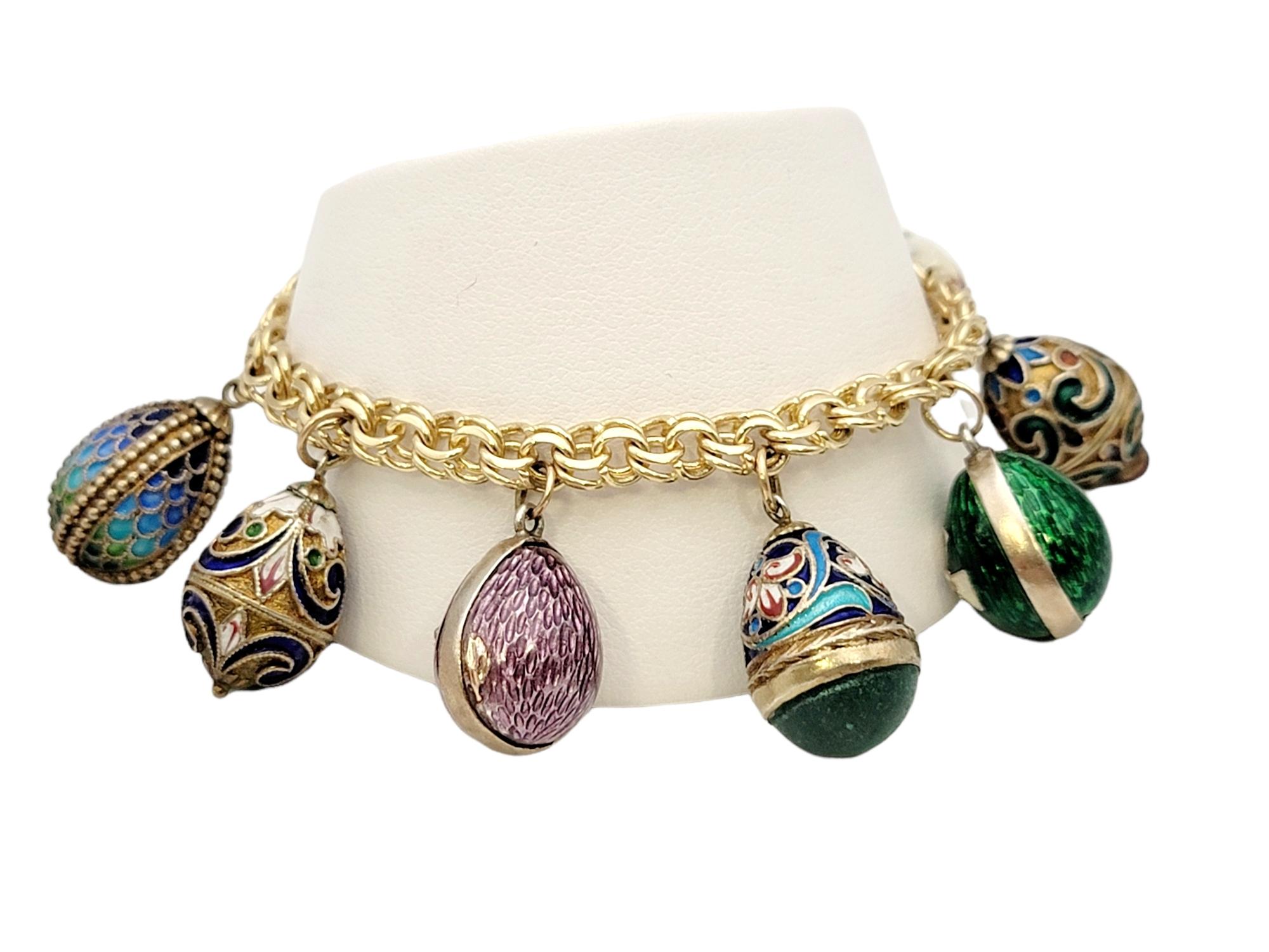 Vintage 14 Karat Yellow Gold Charm Bracelet with 7 Colorful Enamel Egg Charms For Sale 6
