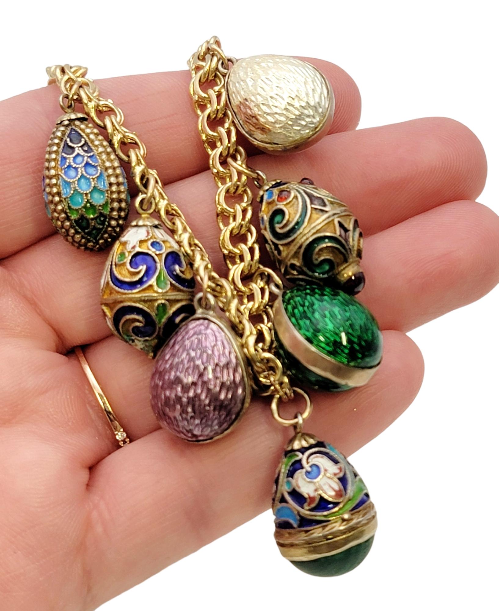 Vintage 14 Karat Yellow Gold Charm Bracelet with 7 Colorful Enamel Egg Charms For Sale 7