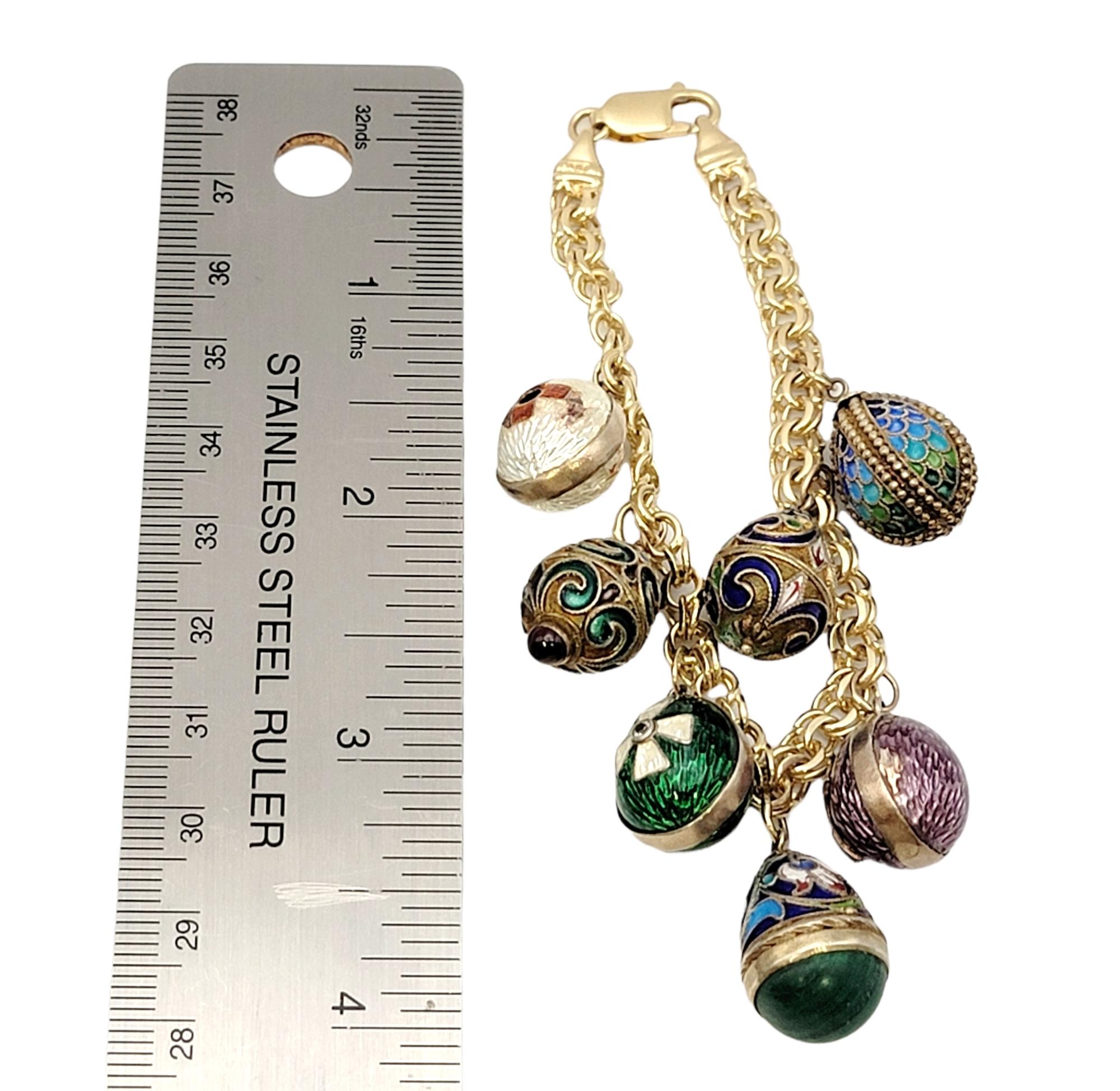 Vintage 14 Karat Yellow Gold Charm Bracelet with 7 Colorful Enamel Egg Charms For Sale 8
