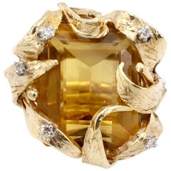 Vintage 14 Karat Yellow Gold Citrine and Diamond Cocktail Ring