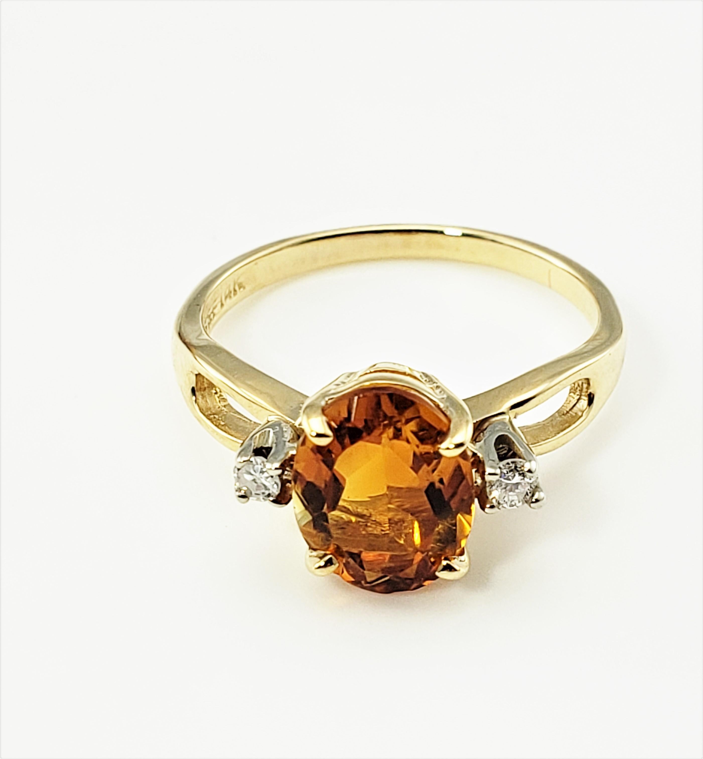 14 Karat Yellow Gold Citrine and Diamond Ring Size 6.25 GAI Certified-

This lovely ring features one oval citrine (9 mm x 8 mm) and two round brilliant cut diamond set in classic 14k yellow gold. Shank measures 1.5 mm.

Citrine carat weight: 2.32