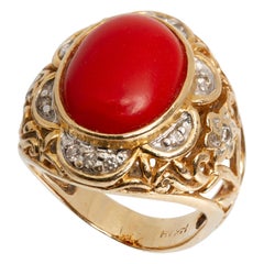 Vintage 14 Karat Yellow Gold Coral and Diamond Ring