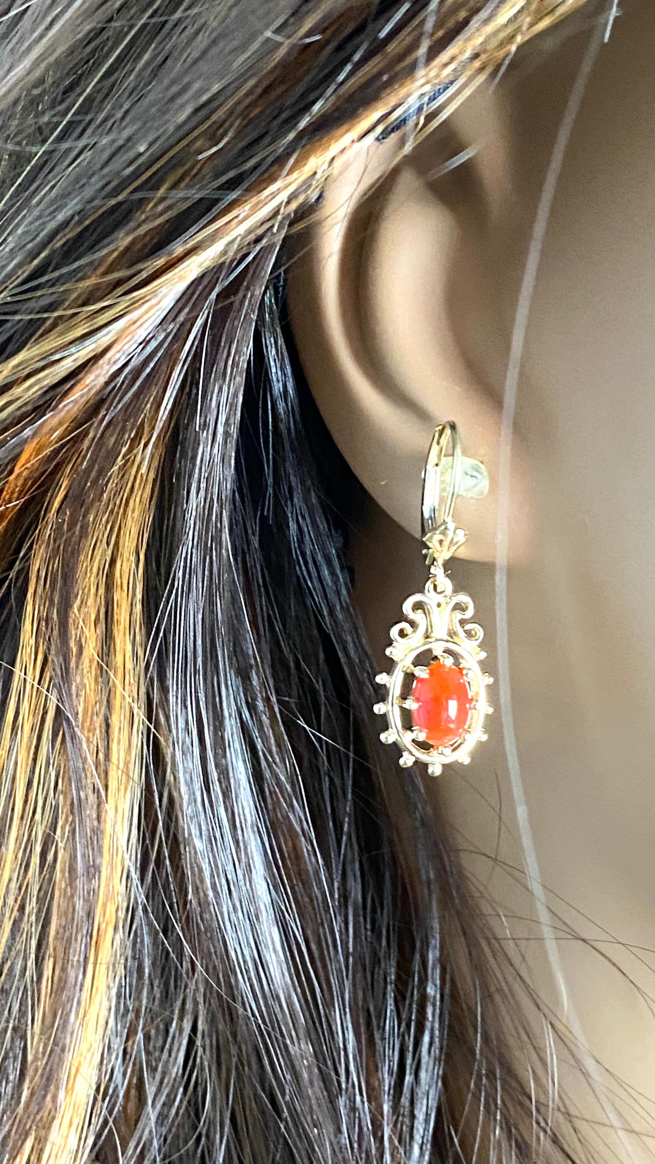 Vintage 14 Karat Yellow Gold Coral Lever Back 1.25 Inch Long Drop Earrings For Sale 4