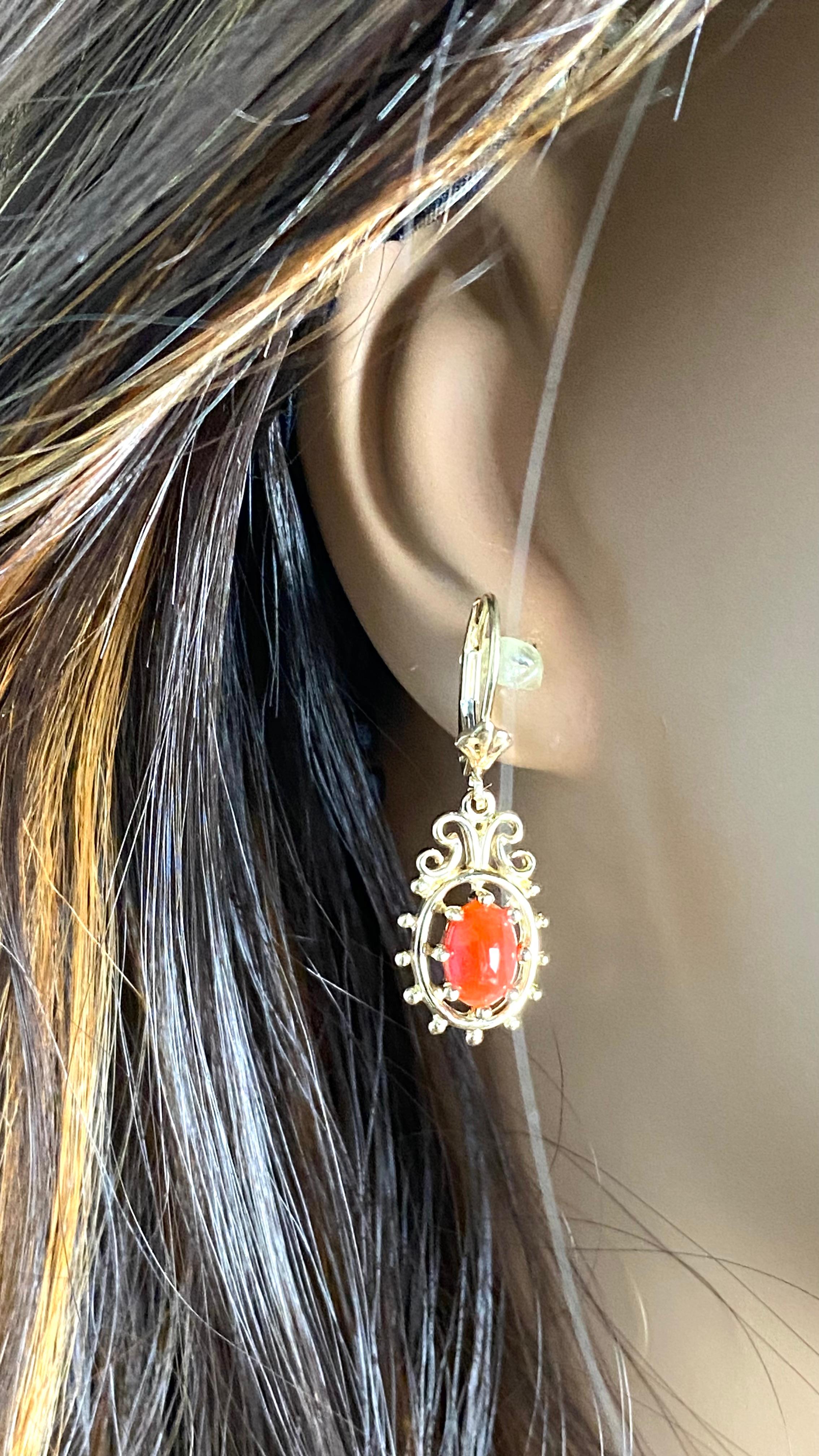 Vintage 14 Karat Yellow Gold Coral Lever Back 1.25 Inch Long Drop Earrings For Sale 5