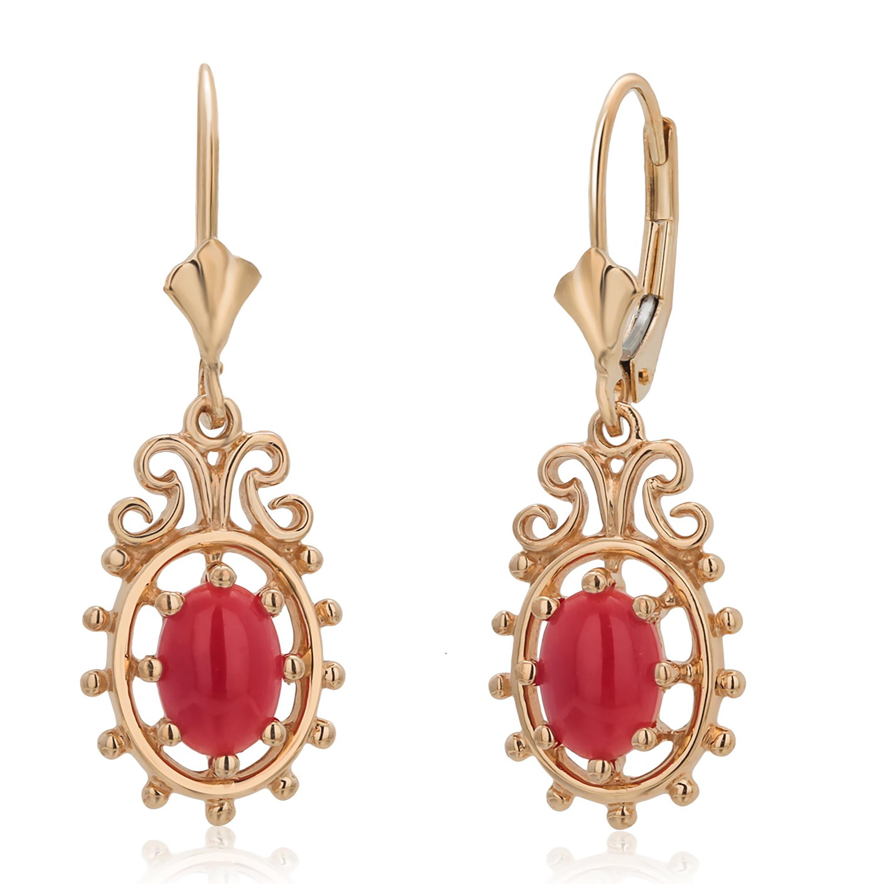 Vintage 14 Karat Yellow Gold Coral Lever Back 1.25 Inch Long Drop Earrings For Sale 1
