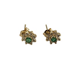 Vintage 14 Karat Yellow Gold Diamond and Emerald Stud Earrings