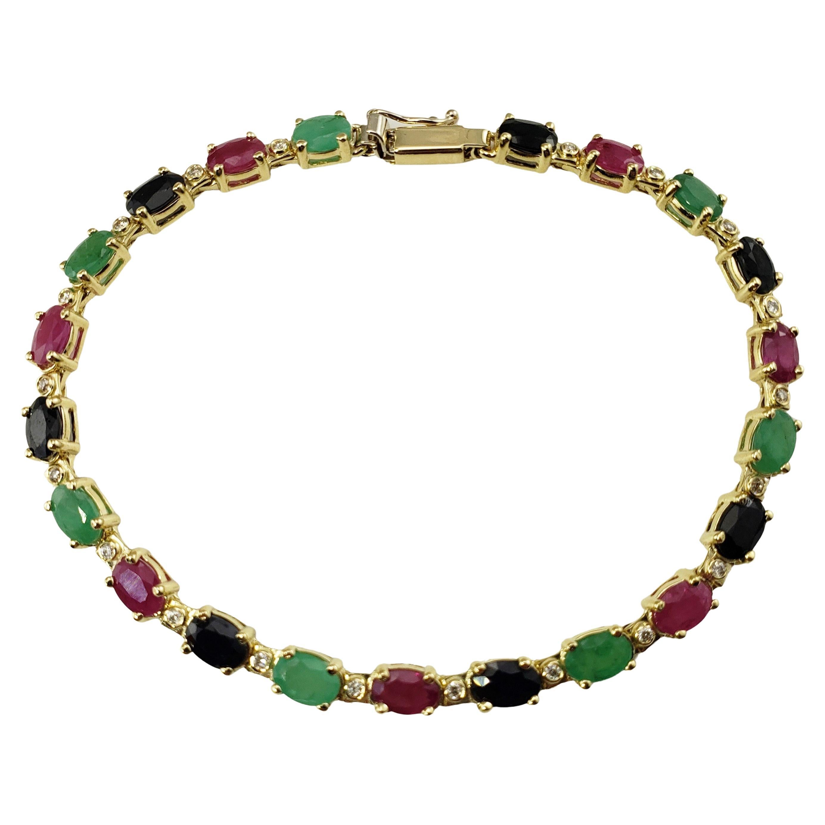 14 Karat Yellow Gold Diamond, Emerald, Sapphire and Ruby Bracelet