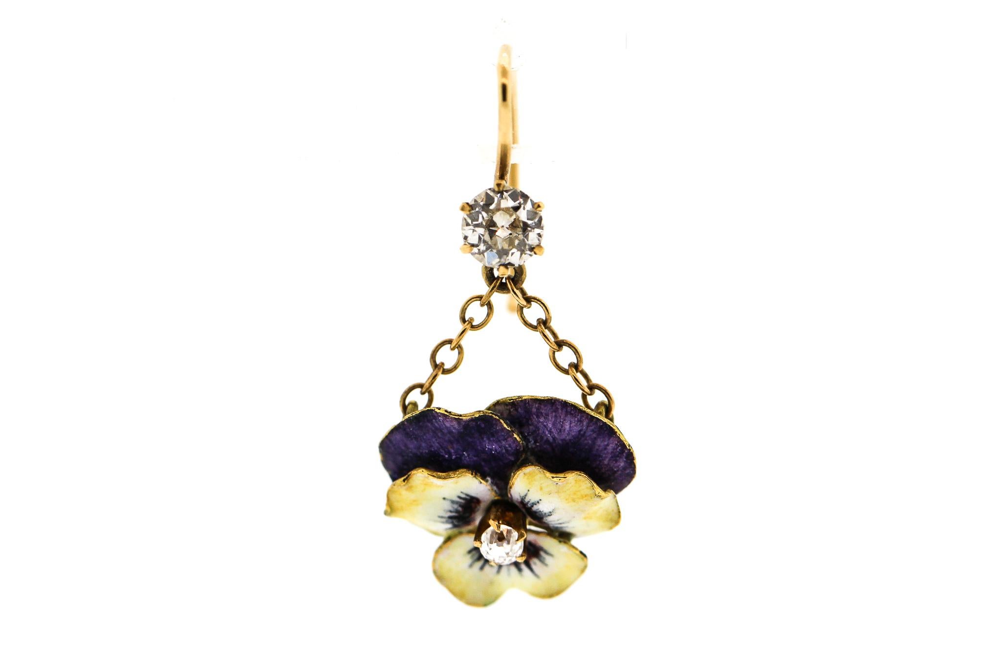 Women's or Men's Vintage 14 Karat Yellow Gold Diamond Enamel Converted Pansy Flower Earrings