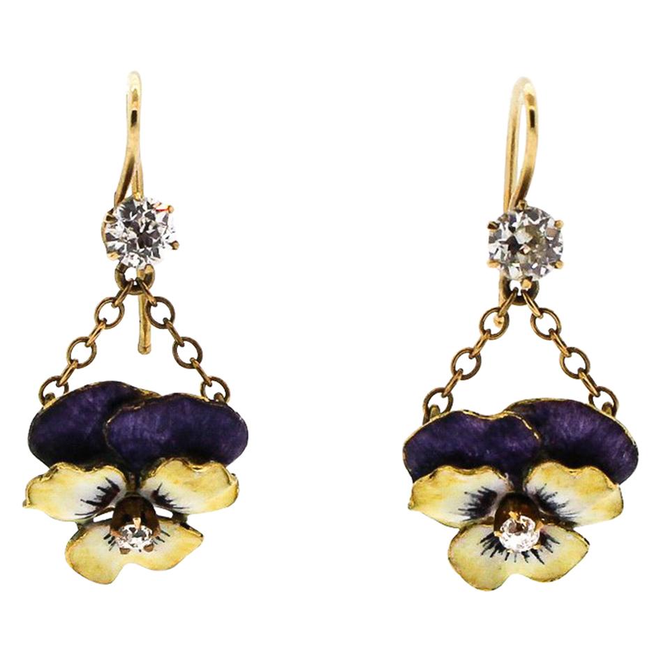 Vintage 14 Karat Yellow Gold Diamond Enamel Converted Pansy Flower