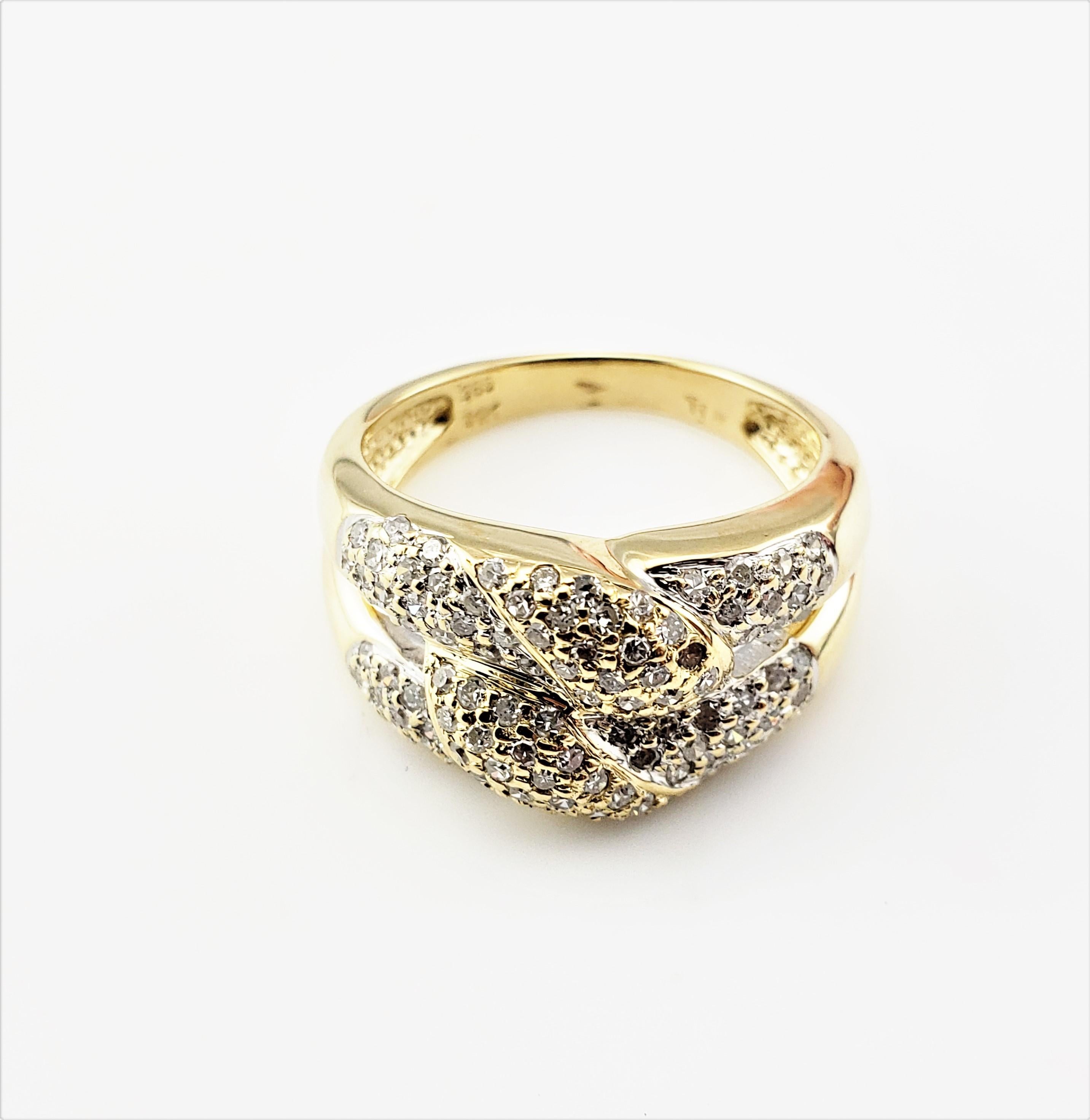 Vintage 14 Karat Yellow Gold Diamond Knot Ring Size 7-

This sparkling ring features 105 round single cut diamonds set in an elegant knot design. Shank: 3 mm. Width: 11 mm.

Approximate total diamond weight: 1 ct.

Diamond color: I

Diamond clarity: