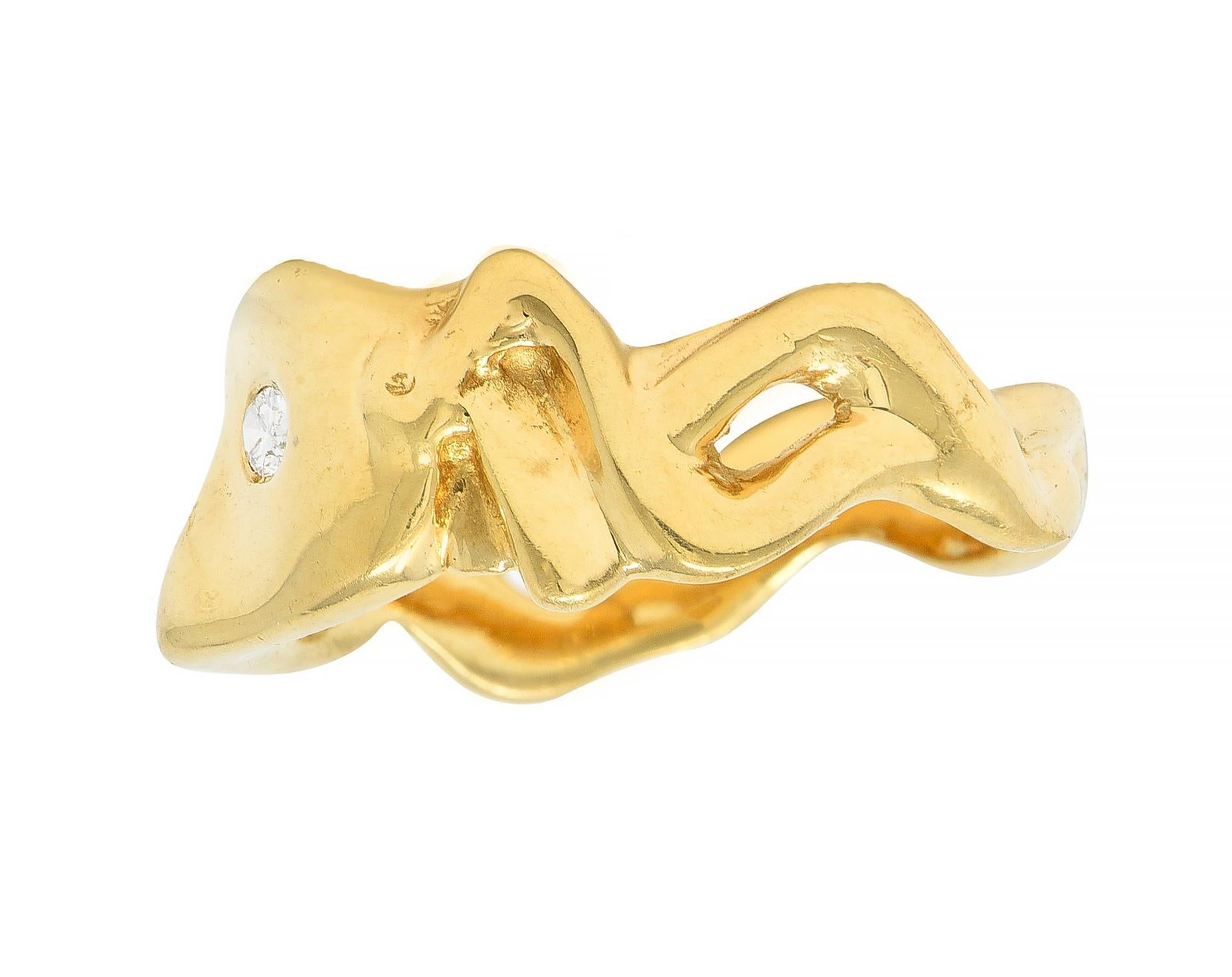 Women's or Men's Vintage 14 Karat Yellow Gold Diamond Masquerade Mask Ribbon Ring For Sale