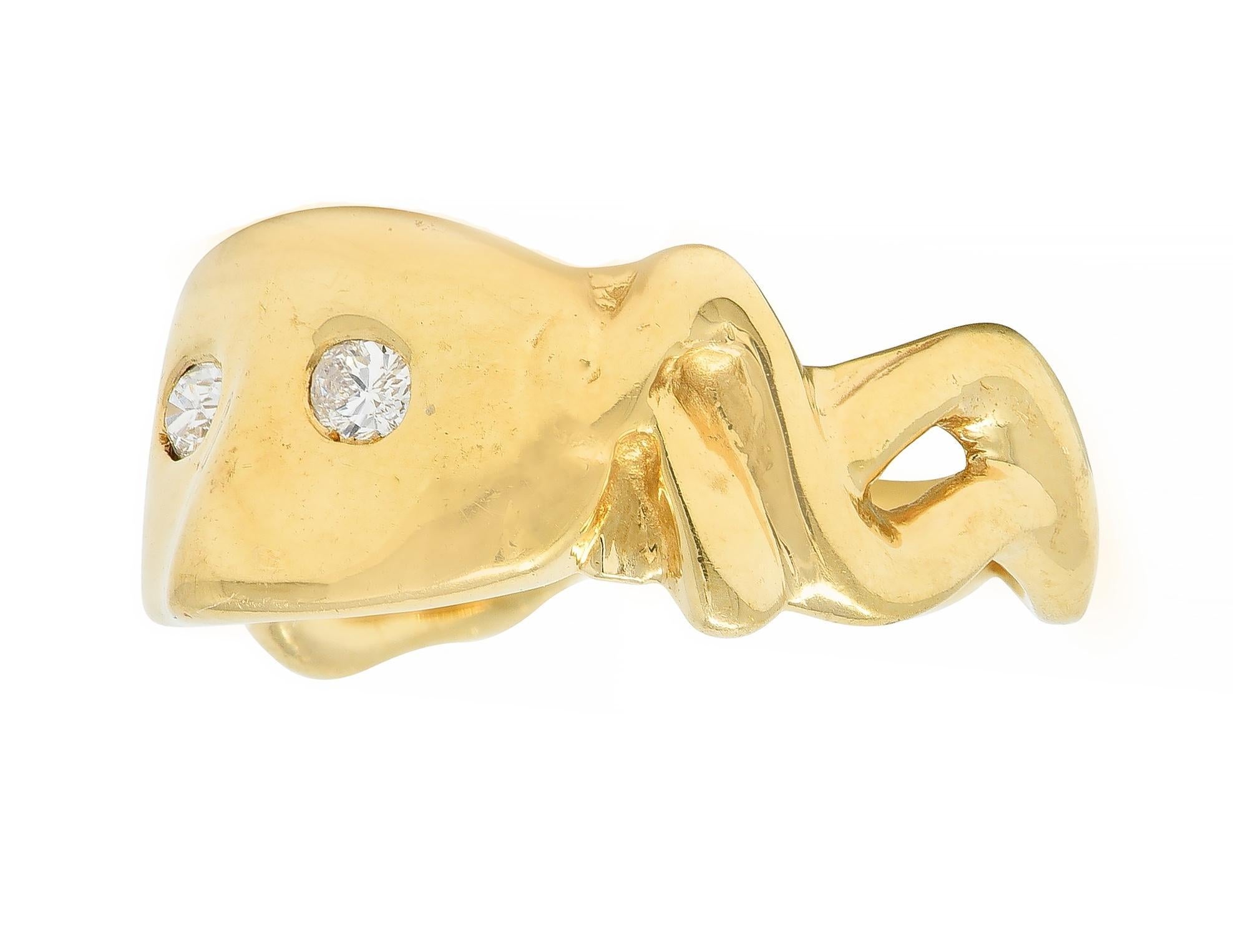 Vintage 14 Karat Yellow Gold Diamond Masquerade Mask Ribbon Ring For Sale 1