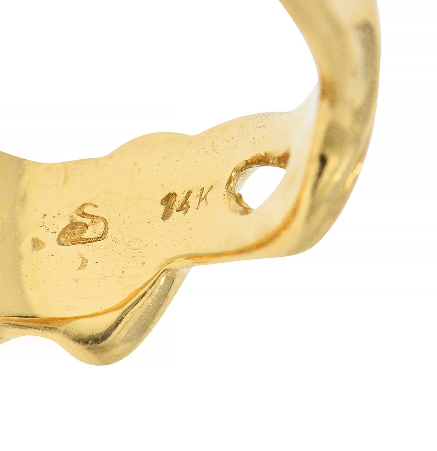 Vintage 14 Karat Yellow Gold Diamond Masquerade Mask Ribbon Ring For Sale 2