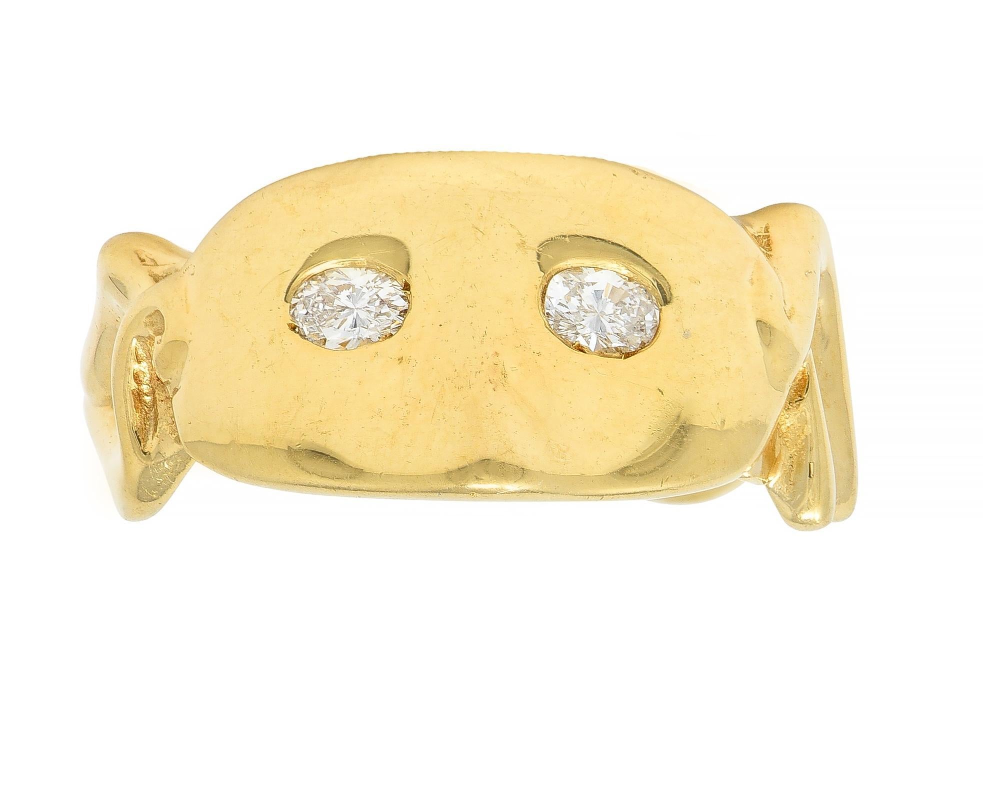 Vintage 14 Karat Yellow Gold Diamond Masquerade Mask Ribbon Ring For Sale 3
