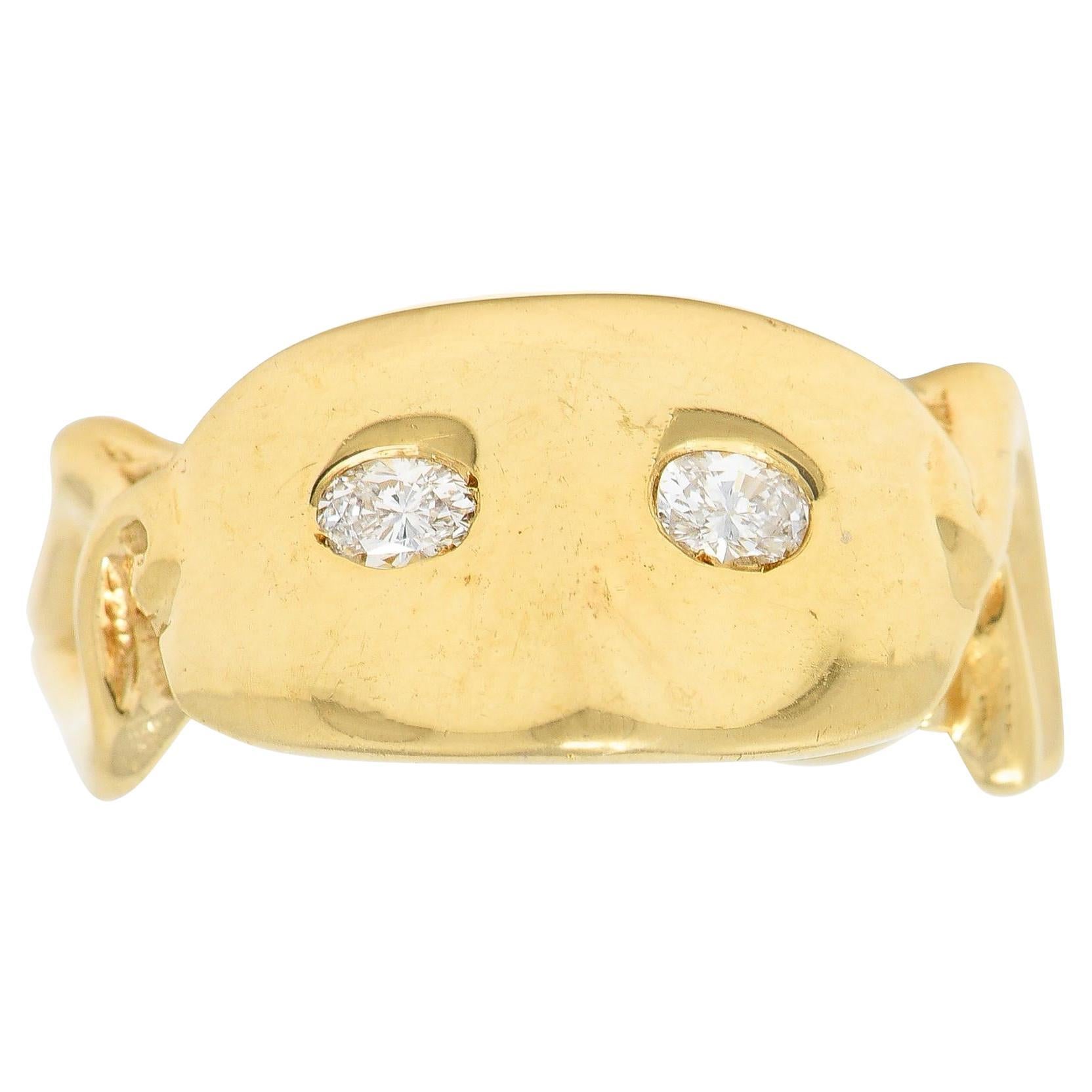 Vintage 14 Karat Yellow Gold Diamond Masquerade Mask Ribbon Ring For Sale