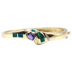 Vintage 14 Karat Yellow Gold Diamond, Opal and Tanzanite Hinged Bangle Bracelet