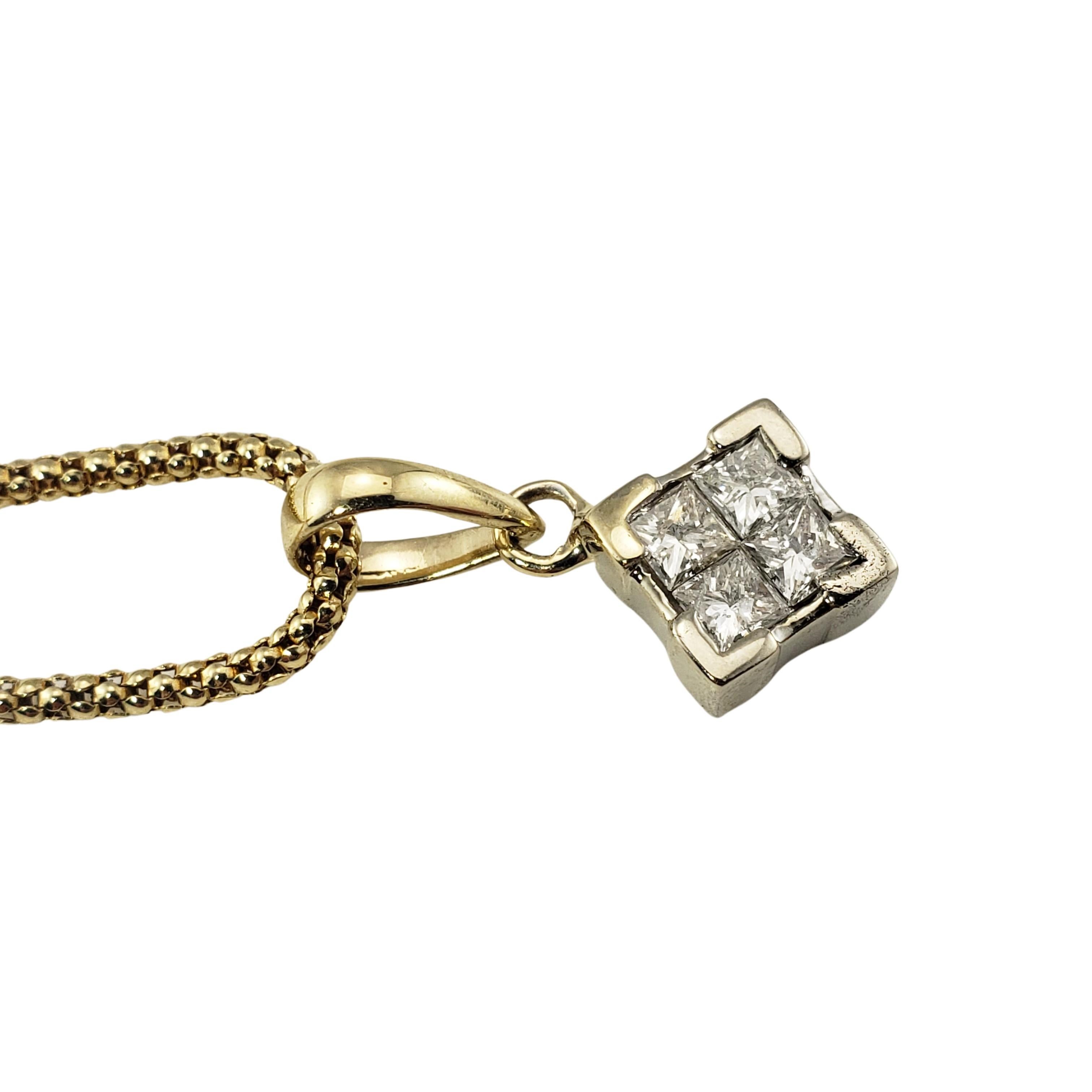 14 Karat Yellow Gold Diamond Pendant Necklace-

This sparkling pendant features four princess cut diamond set in classic 14K yellow gold and suspends from a 14K yellow gold necklace.

Approximate total diamond weight:  .60 ct.

Diamond color: