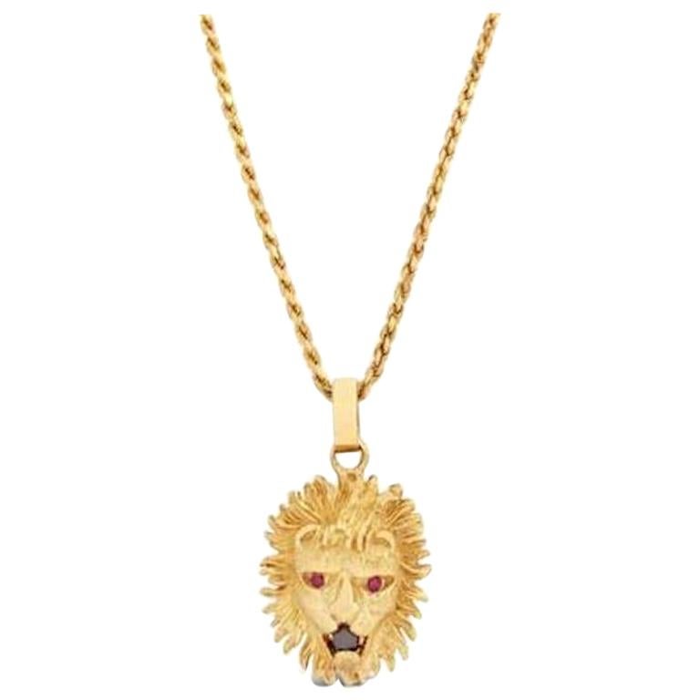 Vintage 14 Karat Yellow Gold Diamond Ruby Lion's Head Pendant For Sale