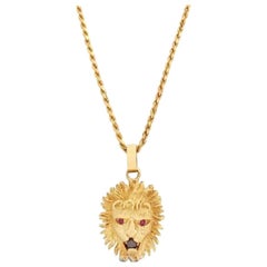 Vintage 14 Karat Yellow Gold Diamond Ruby Lion's Head Pendant