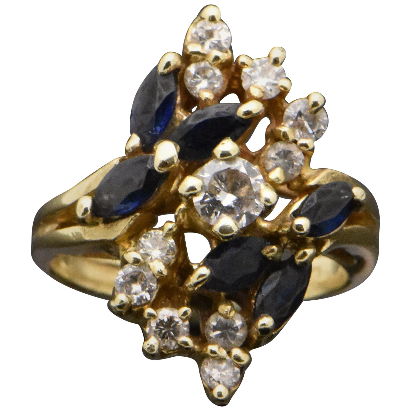 Vintage 14 Karat Yellow Gold Diamonds and Sapphires Ring For Sale
