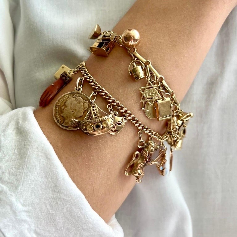 Vintage 14 Karat Yellow Gold Double Layer Chain Charm Bracelet For Sale vintage-14-karat-yellow-gold-double-layer-chain-charm-bracelet-for-sale