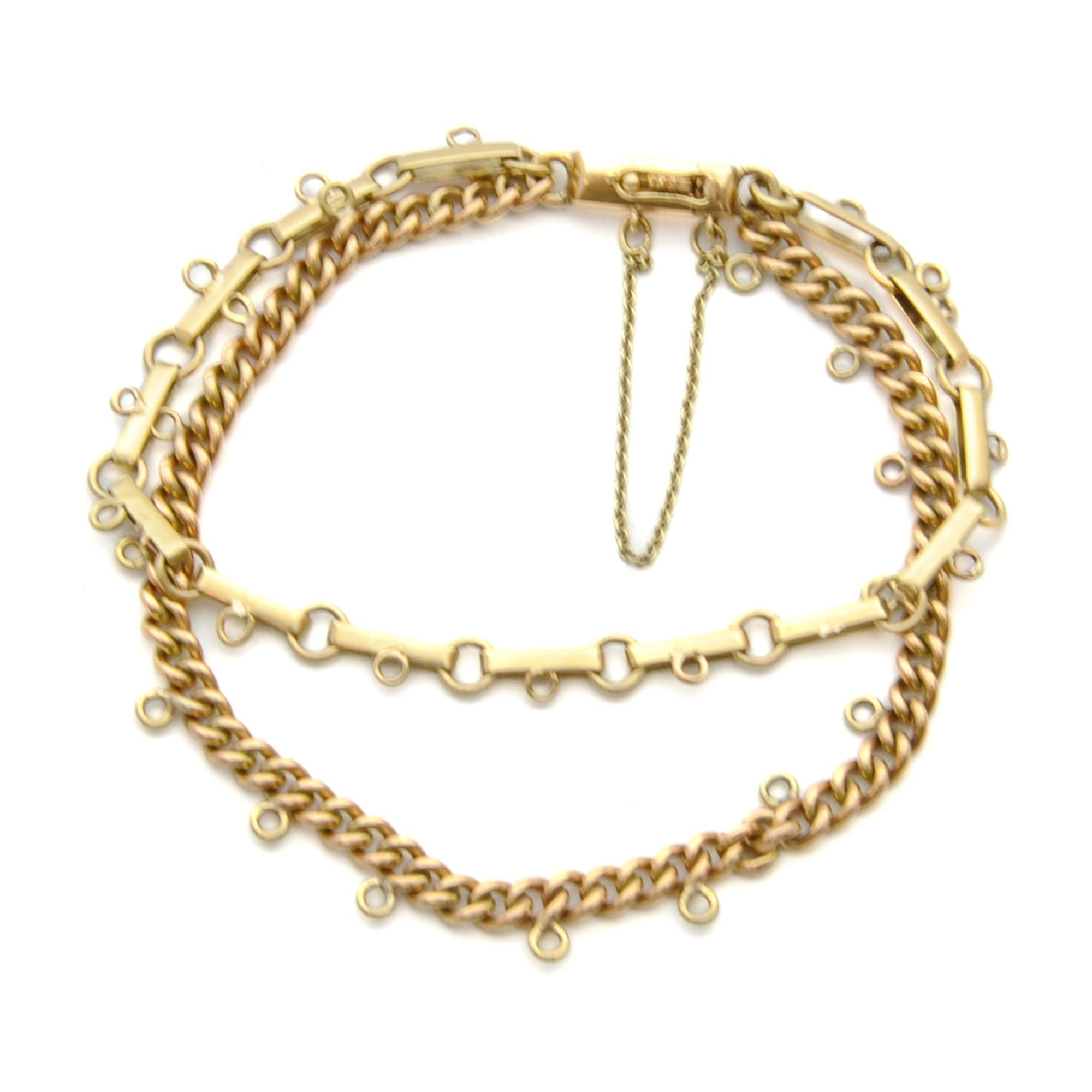 14 Karat Yellow Gold Double Layer Chain Charm Bracelet In Good Condition For Sale In Rotterdam, NL