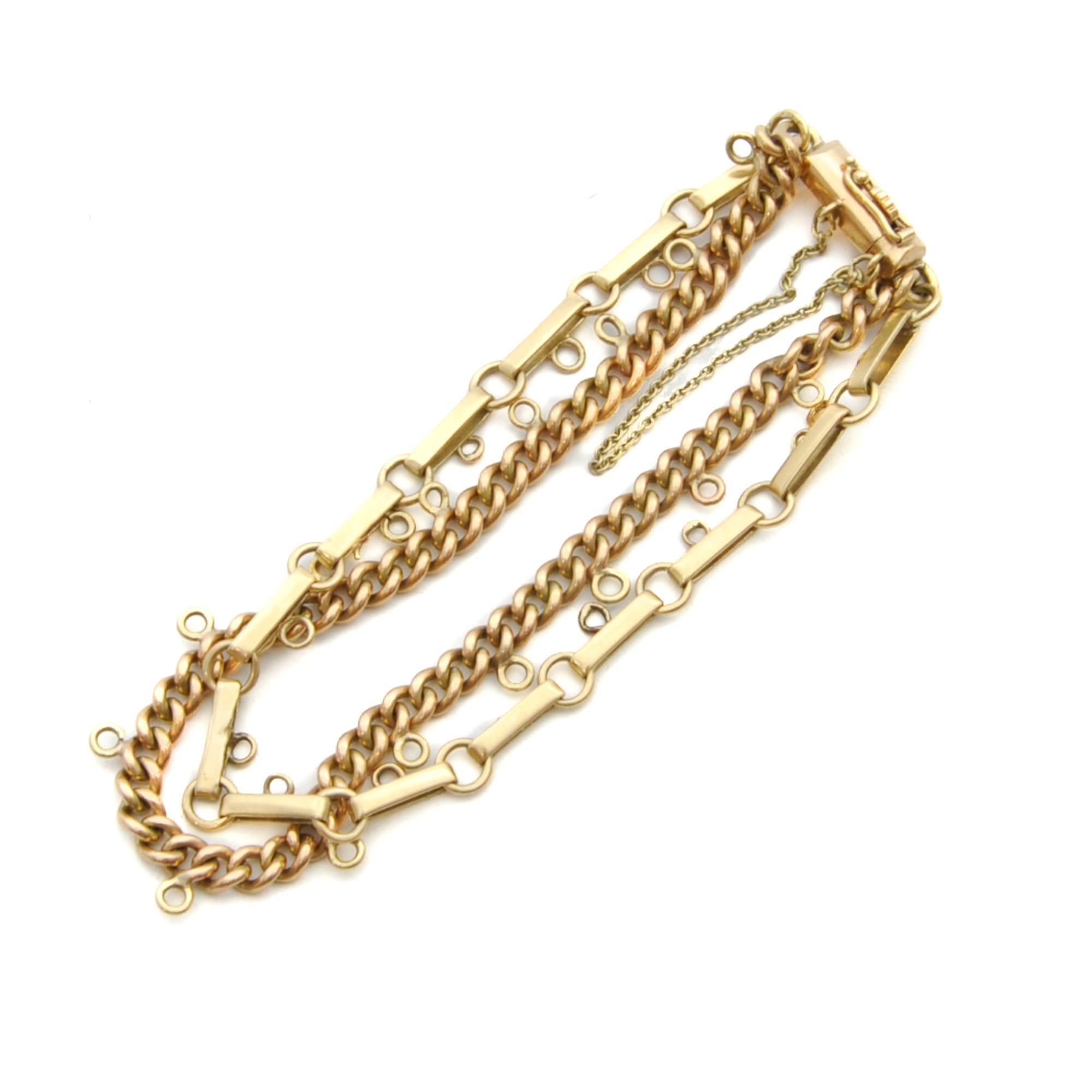 Women's or Men's 14 Karat Yellow Gold Double Layer Chain Charm Bracelet For Sale