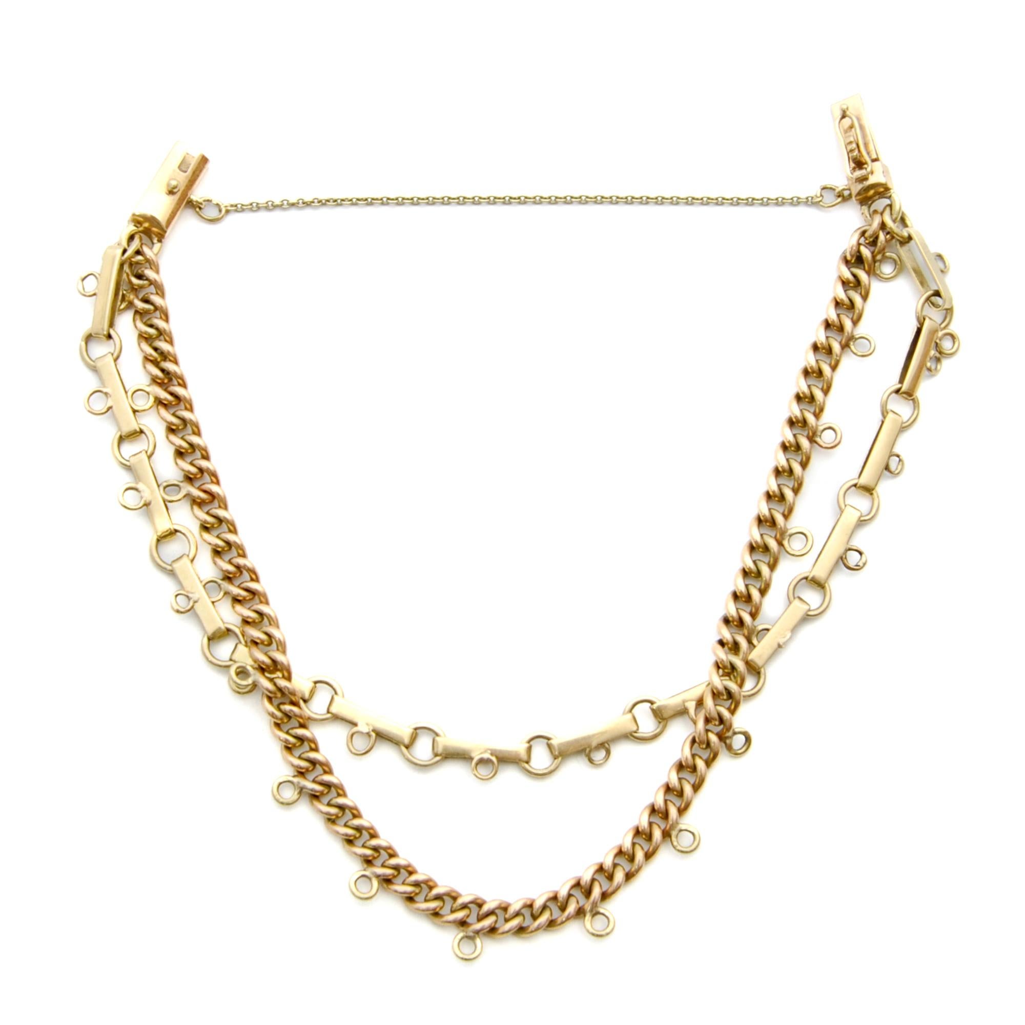 14 Karat Yellow Gold Double Layer Chain Charm Bracelet For Sale 2
