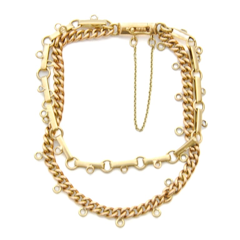 Vintage 14 Karat Yellow Gold Double Layer Chain Charm Bracelet For Sale