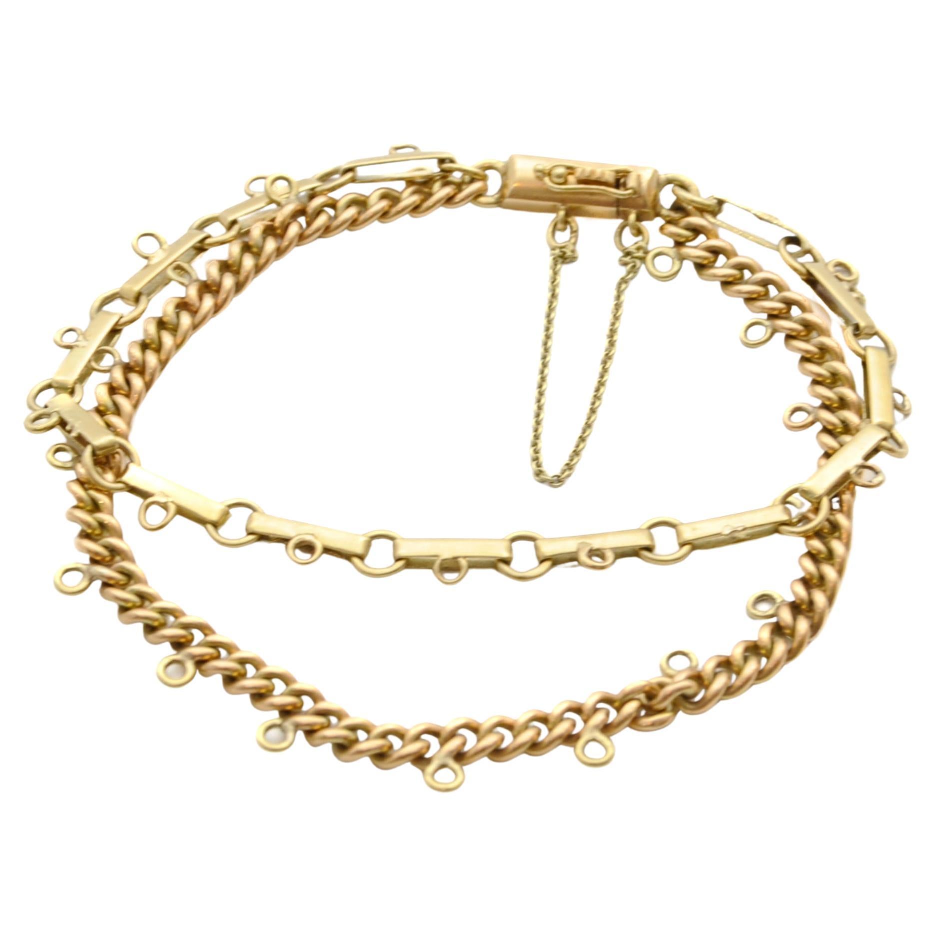 14 Karat Yellow Gold Double Layer Chain Charm Bracelet For Sale