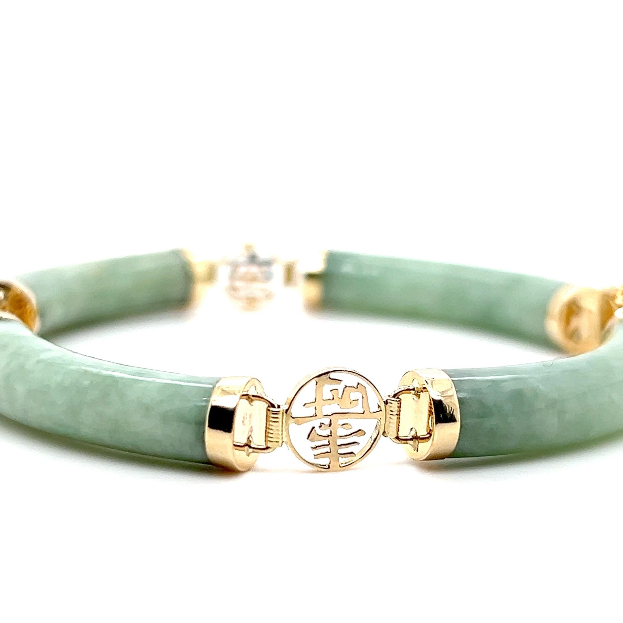 Vintage 14 Karat Gelbgold gefärbte Jade Chinesisches Symbol Link Armband (Gewalkt) im Angebot