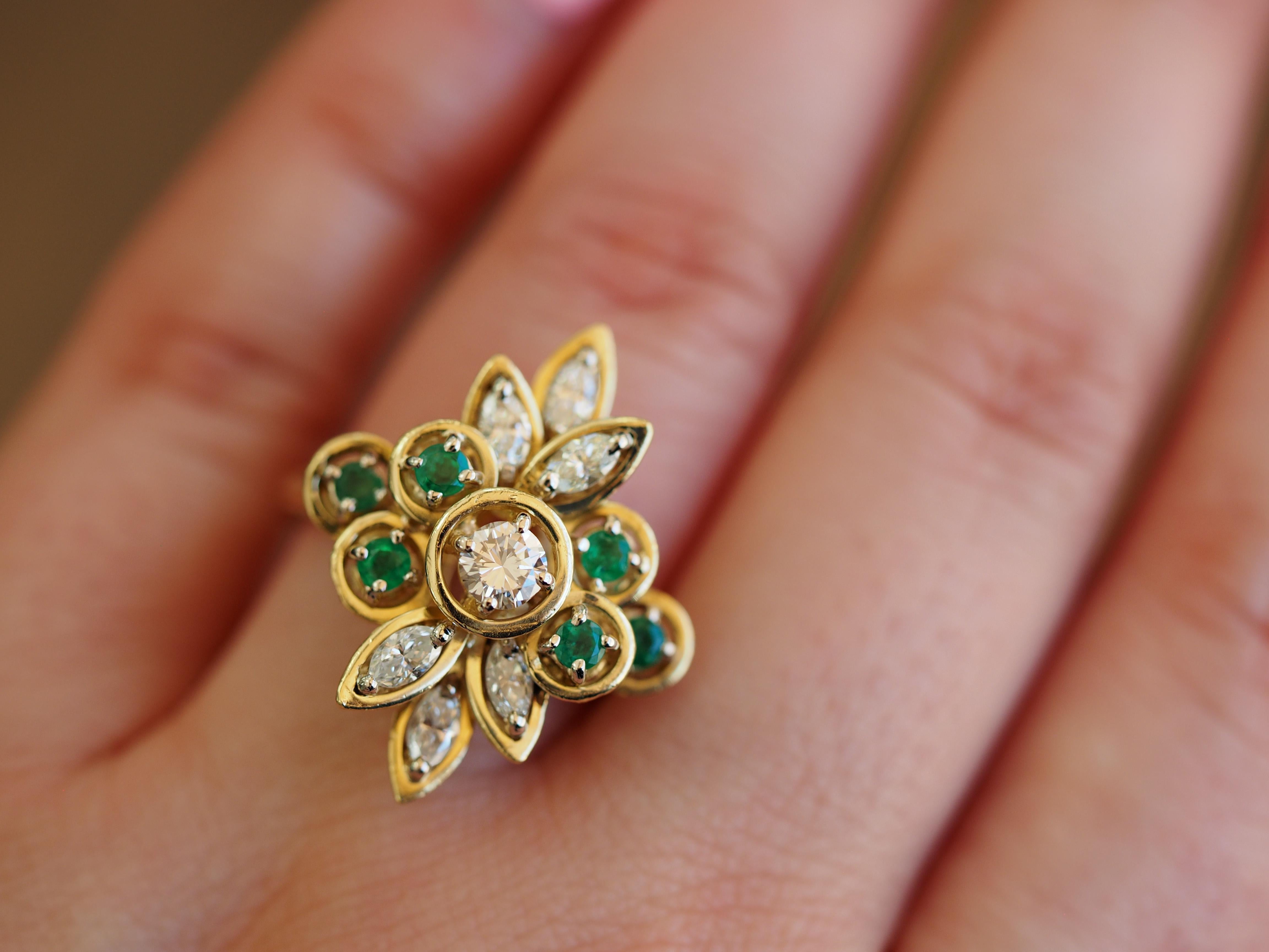Contemporary Vintage 14 Karat Yellow Gold Emerald and Diamond Cocktail Ring For Sale