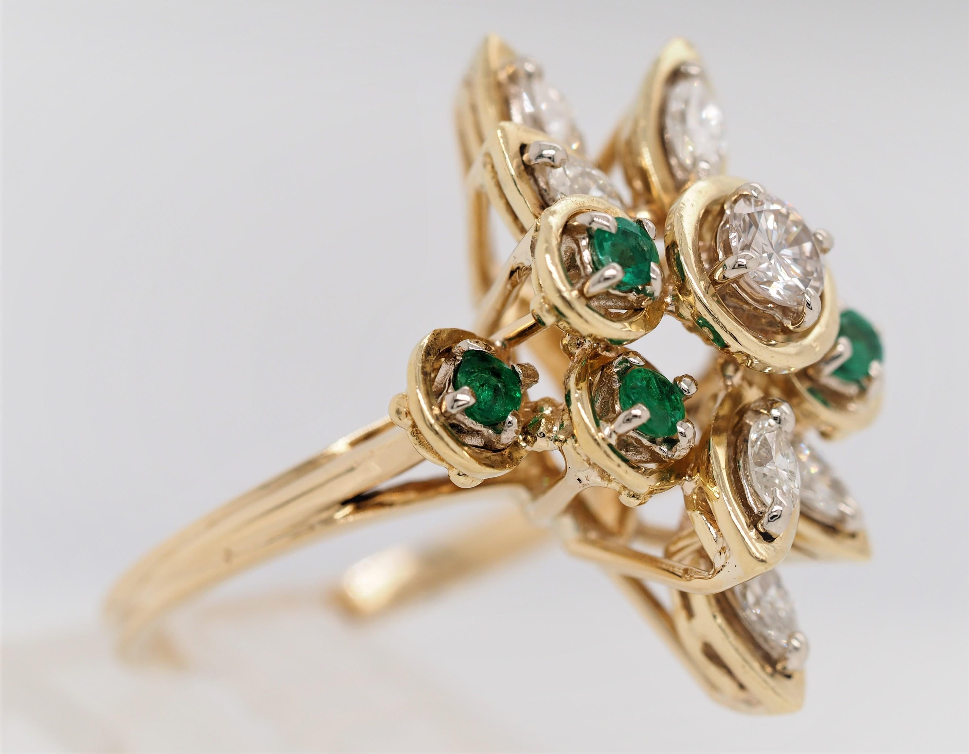 Round Cut Vintage 14 Karat Yellow Gold Emerald and Diamond Cocktail Ring For Sale