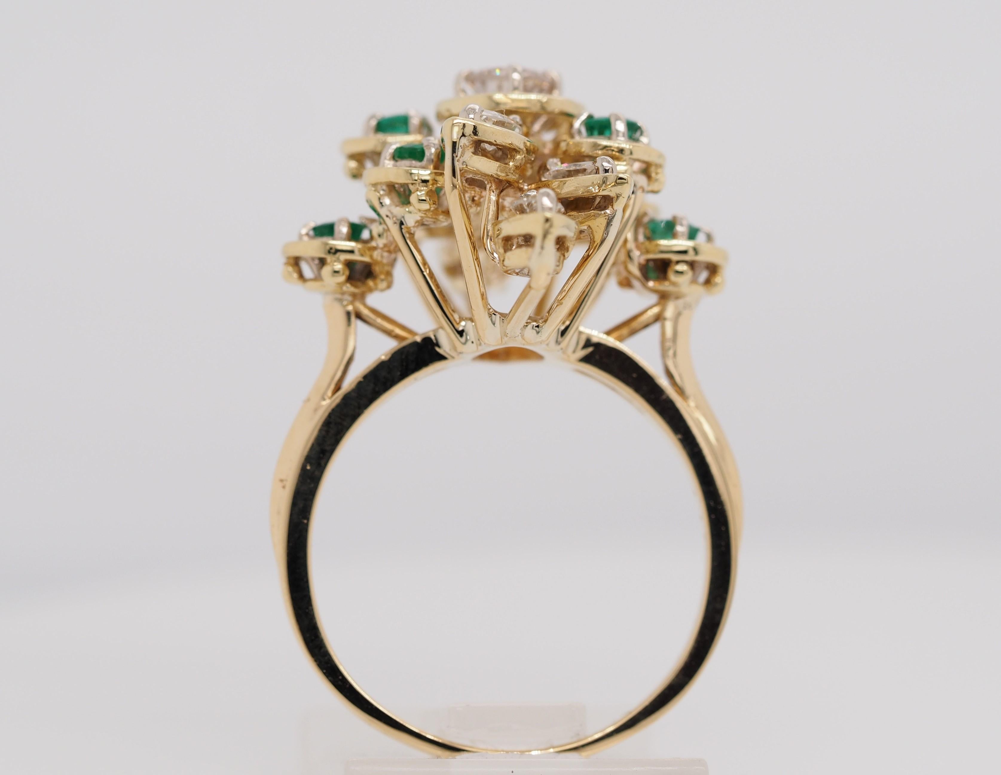 Vintage 14 Karat Yellow Gold Emerald and Diamond Cocktail Ring In Excellent Condition For Sale In Addison, TX