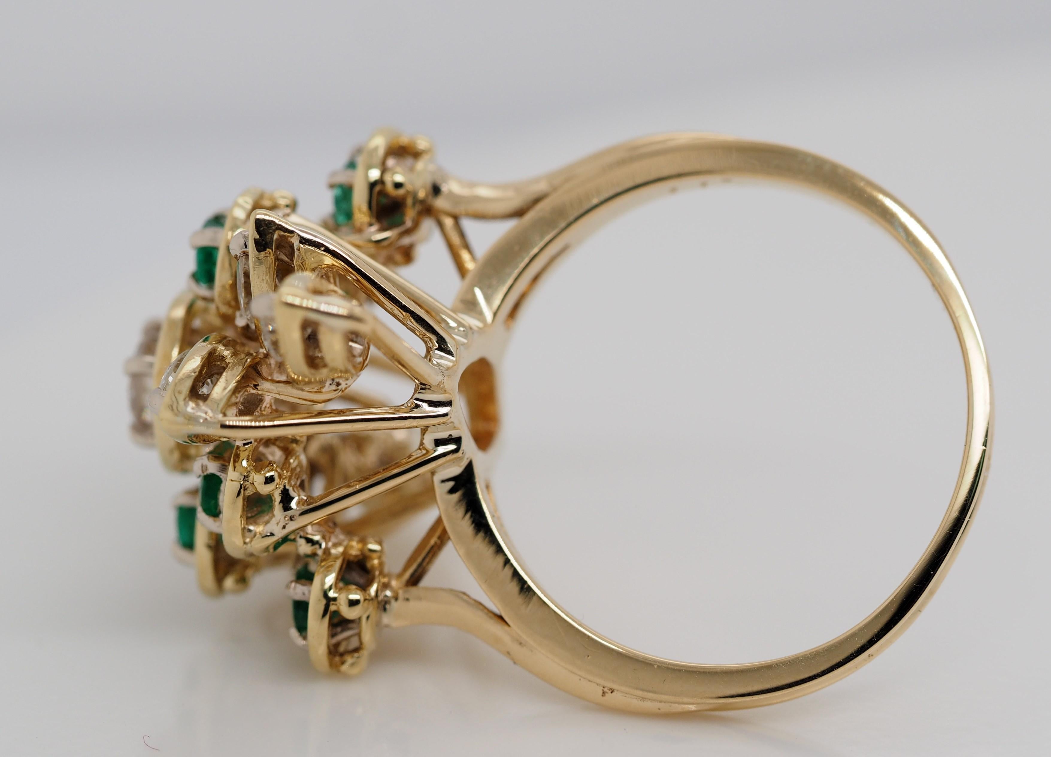 Vintage 14 Karat Yellow Gold Emerald and Diamond Cocktail Ring For Sale 1
