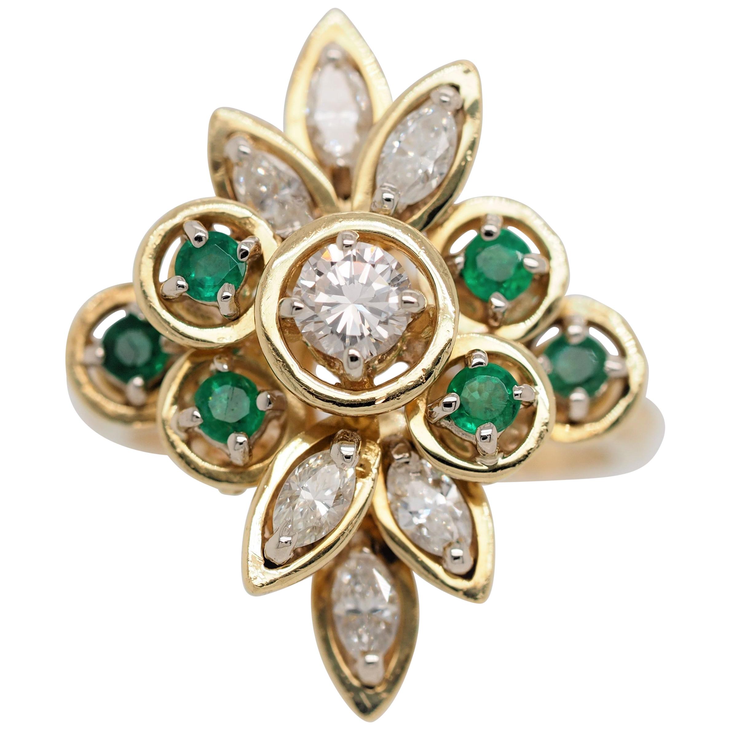 Vintage 14 Karat Yellow Gold Emerald and Diamond Cocktail Ring For Sale